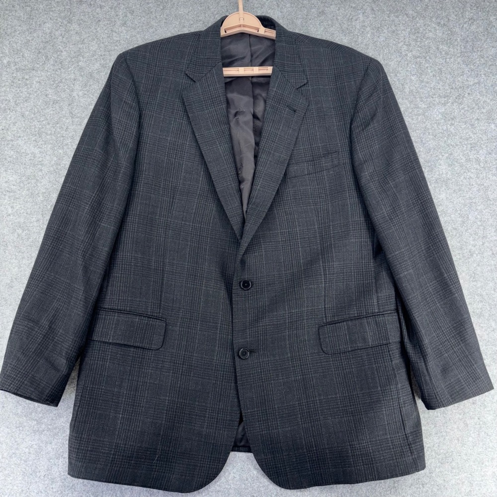 Jos A Bank Signature Gold Blazer 48L Charcoal Tonal Plaid Wool Silk Sport Coat